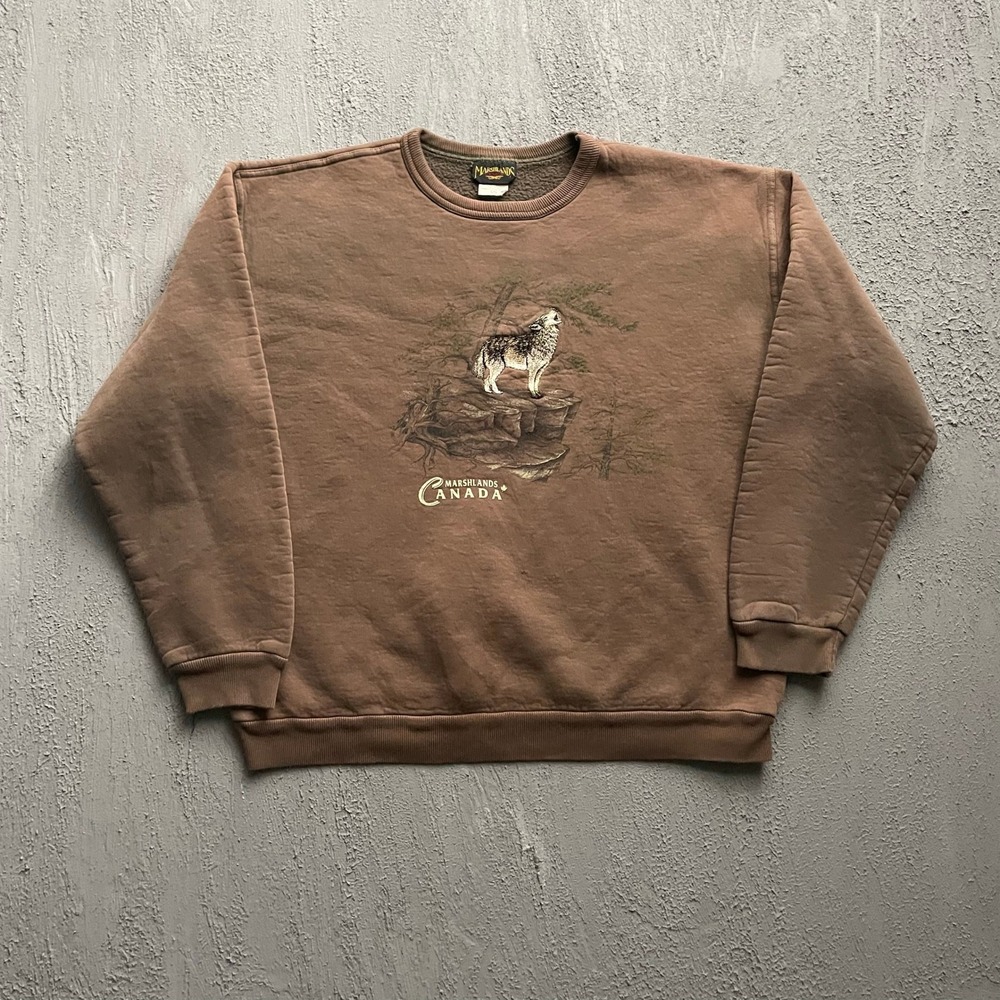Vintage Wolf Graphic Sweatshirt Mens Large Brown 90s Marshlands Canada